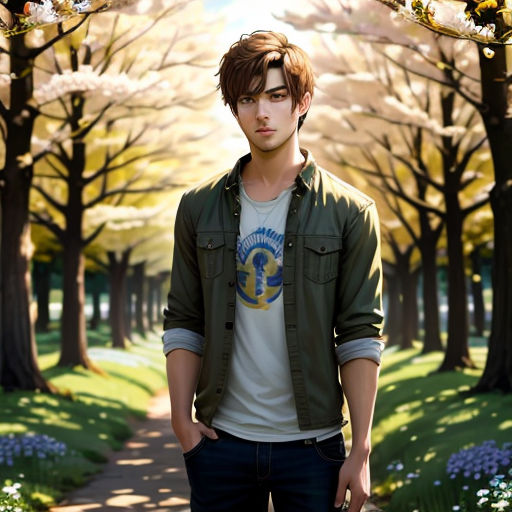 a man standing in front of a forest with flowers on it's trees and a path leading to a park