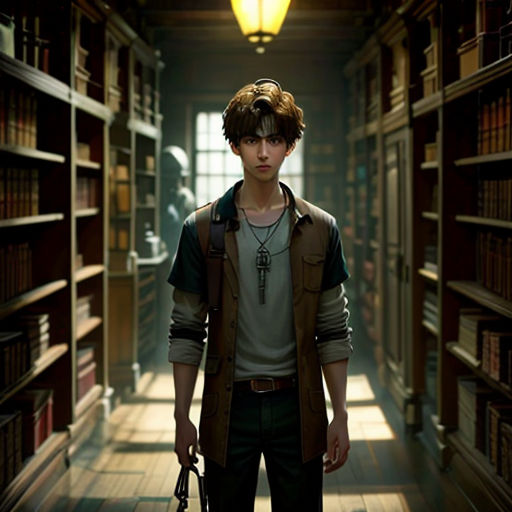 a man standing in a library holding a gun and a book case in his hand and looking at the camera
