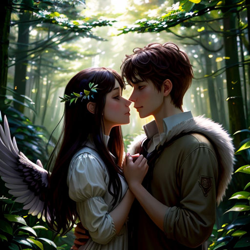 a couple kissing in the woods with wings on their heads and a forest background with trees and leaves behind them