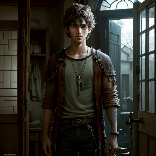 a young man in a brown jacket and green shirt holding a gun in a doorway of a house with a large window