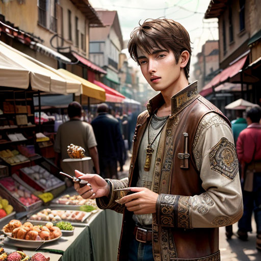 a man standing in front of a market holding a cigarette and looking at a cell phone in his hand