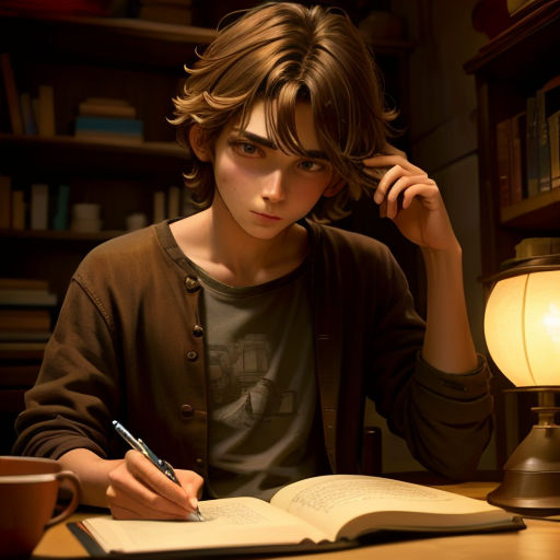 a young man sitting at a table with a book and pen in his hand and a lamp on the side