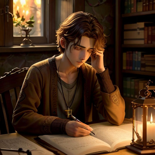 a man sitting at a table with a book and pen in his hand and a lantern in front of him