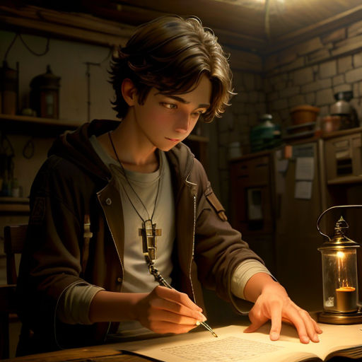 a boy writing on a book in a room with a lamp and a lantern on the table next to him