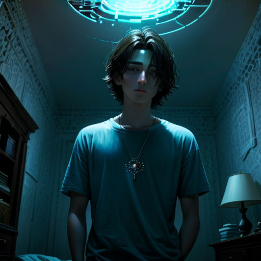 a man standing in a room with a clock on the ceiling and a light above him that is glowing