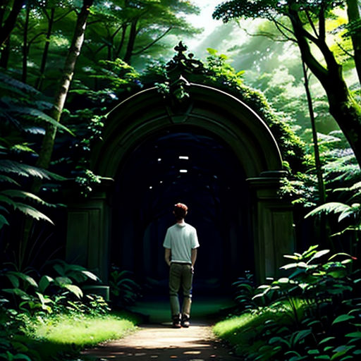 a man standing in the middle of a forest with a tunnel in the middle of it and trees around him