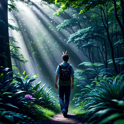 a man walking through a forest with a backpack on his back and sunlight streaming through the trees and leaves
