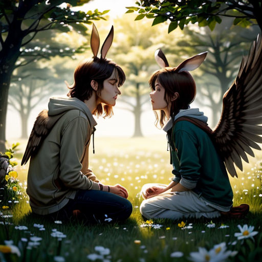 two people sitting in the grass with bunny ears on their heads and a forest background with flowers and trees