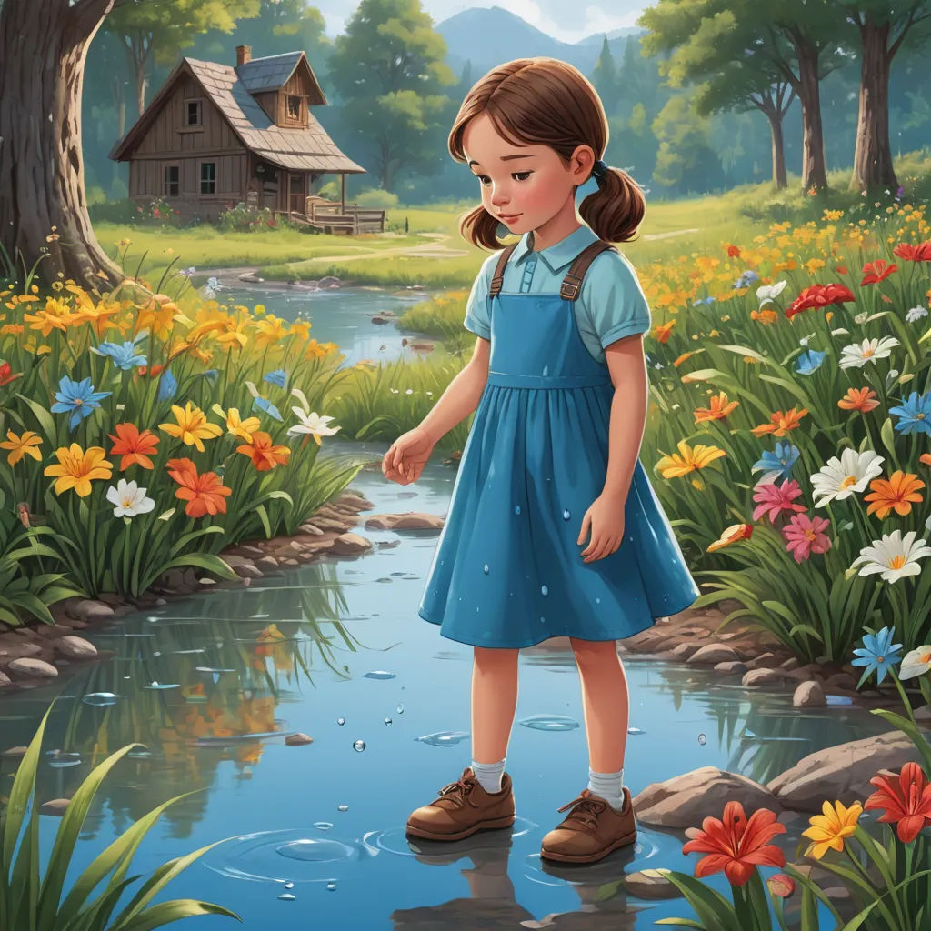 a painting of a girl in a blue dress standing in a stream of water with a house in the background, american scene painting, a storybook illustration, Bob Byerley, storybook illustration