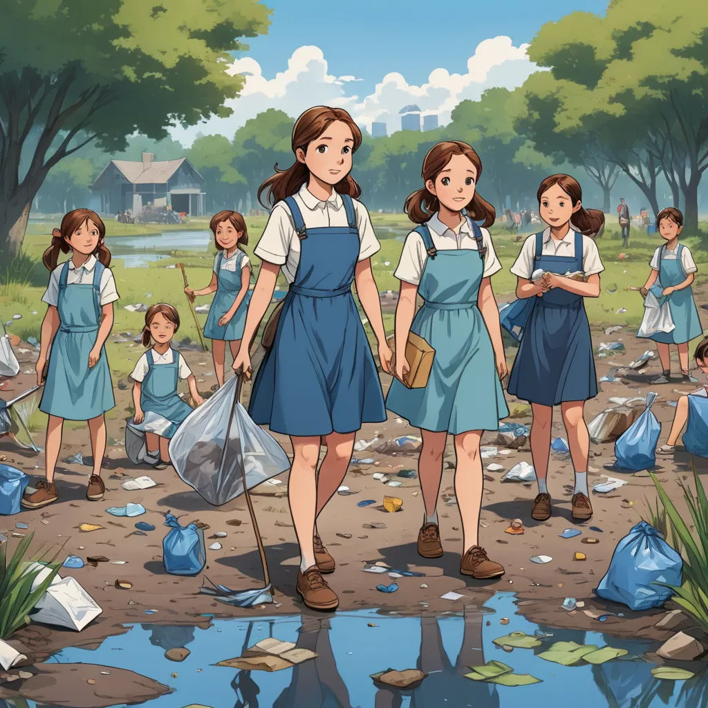 a group of girls standing next to each other near a puddle of water and trash bags on the ground, environmental art, a storybook illustration, Choi Buk, official art