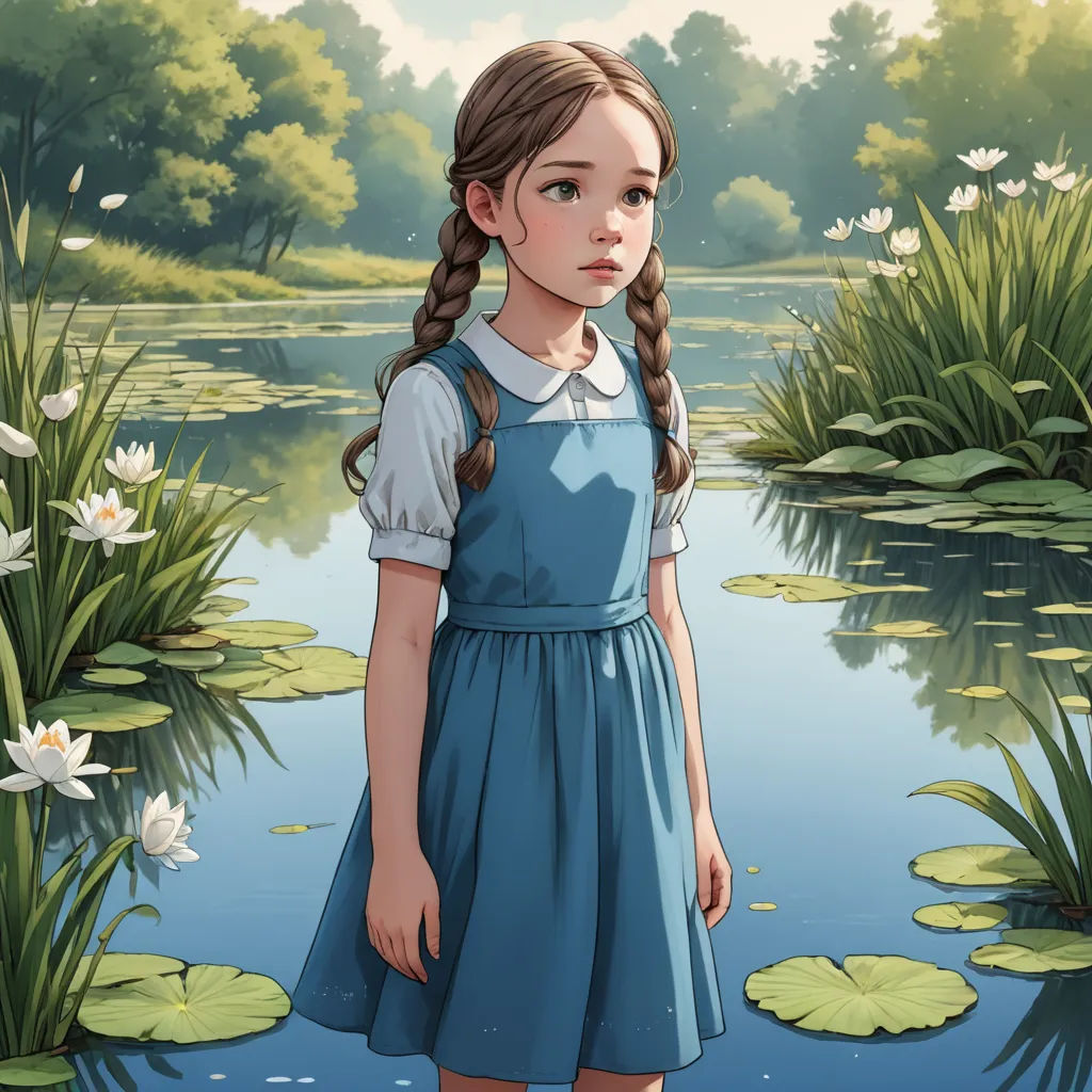 a girl in a blue dress standing in front of a pond with lily pads and water lilies in the background, context art, a storybook illustration, Alice Prin, trending on art station