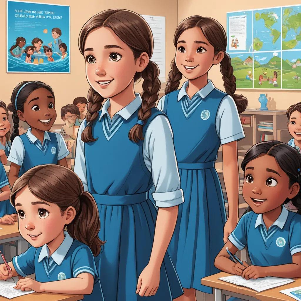a group of girls in a classroom with a laptop computer and a book on the desk and a poster of a globe on the wall, danube school, a storybook illustration, Ella Guru, official art