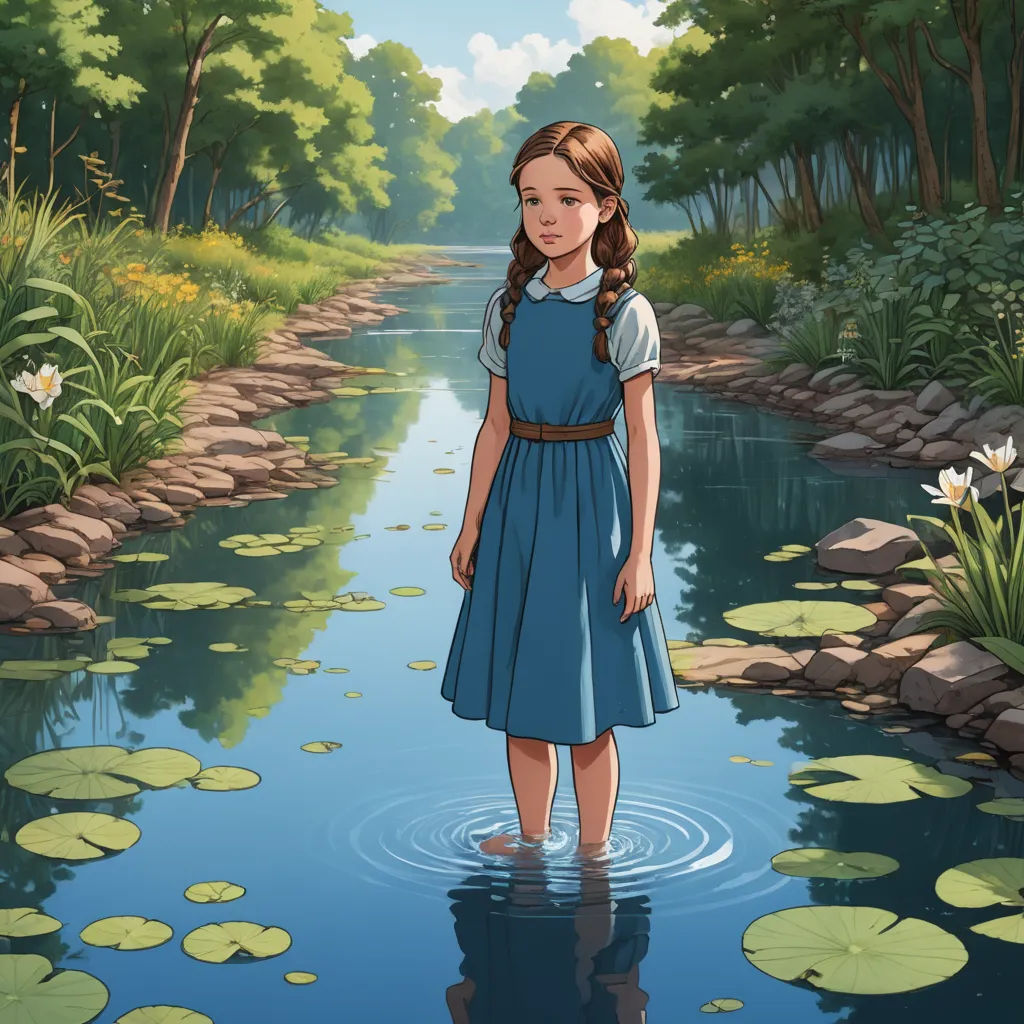 a girl standing in a pond with lily pads on the water and a stream running through it with lily pads on the water, environmental art, a storybook illustration, Anne Said, promotional image