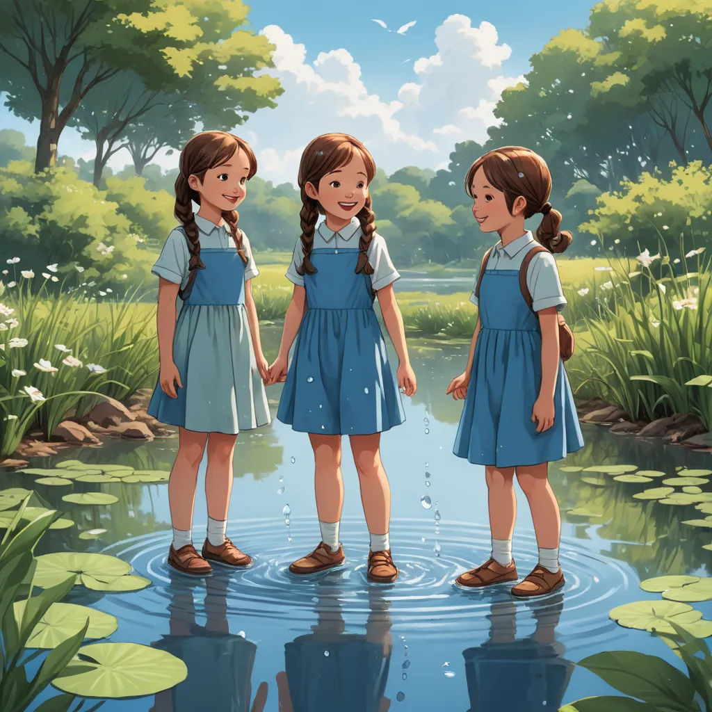 three little girls standing in a pond holding hands and looking at each other with a pond in the background, serial art, a storybook illustration, Choi Buk, official art