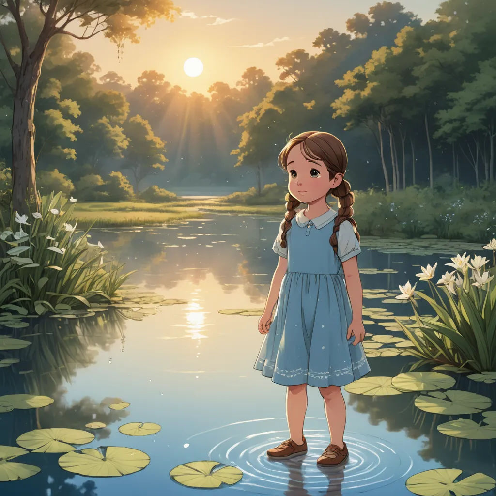 a little girl standing in a pond with lily pads in front of a sunset and trees in the background, american scene painting, a detailed matte painting, Alice Prin, official art