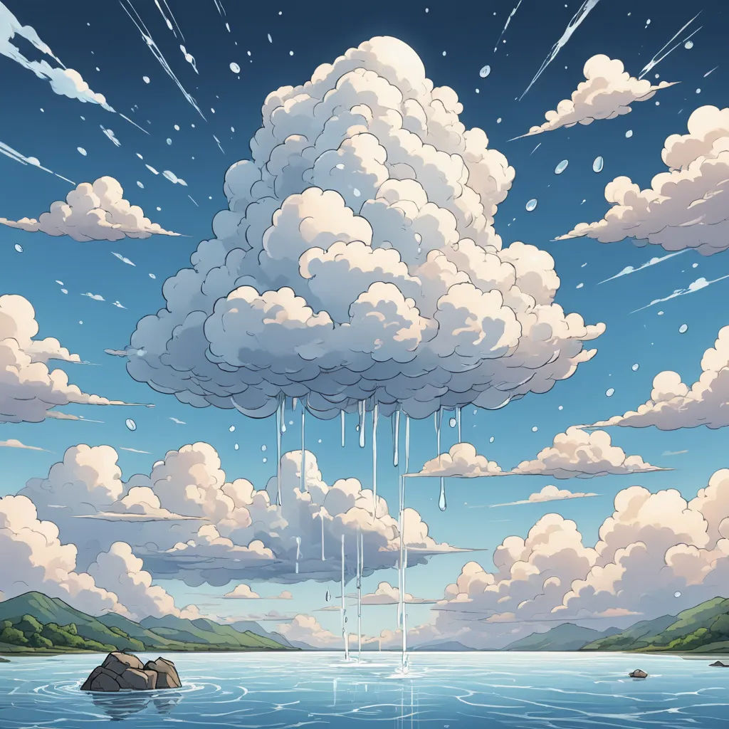 a cartoon scene of a cloud with a waterfall coming out of it and a rock in the water below, environmental art, a detailed painting, Chris LaBrooy, clouds
