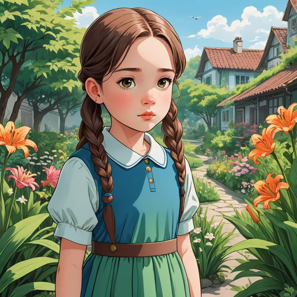 a girl in a blue dress standing in front of a house and flowers in the background with a bird flying overhead, synthetism, a character portrait, Clarice Beckett, character portrait