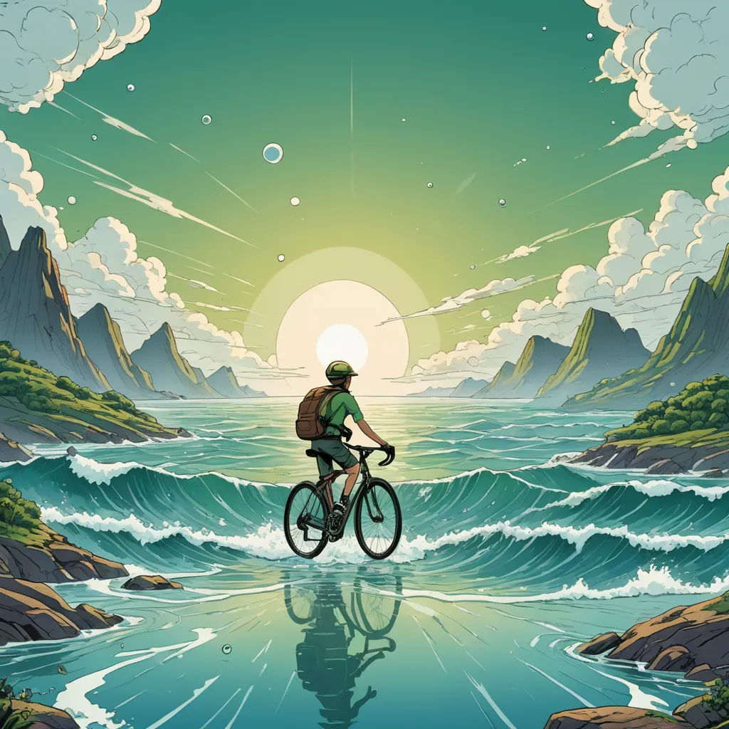 a man riding a bike across a river under a cloudy sky with a sun in the background and a mountain range in the distance, psychedelic art, poster art, Dan Mumford, josan gonzales and dan mumford