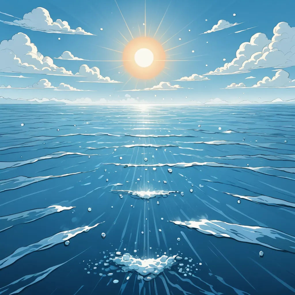 a painting of the sun shining over the ocean with ice flakes on the water and a bright blue sky, psychedelic art, a comic book panel, Dan Mumford, sun