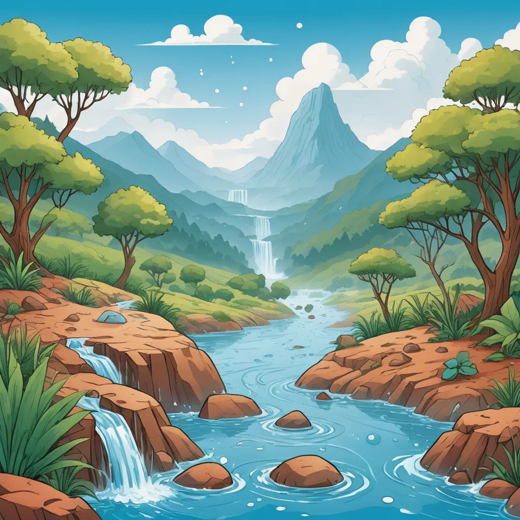 a river flowing through a lush green forest under a mountain range with a waterfall in the distance and a waterfall in the foreground, environmental art, a detailed matte painting, Chris LaBrooy, landscape