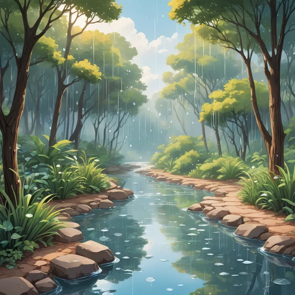 a painting of a stream in a forest with rocks and trees on either side of it and a rain falling down, environmental art, a detailed matte painting, Chris LaBrooy, forest