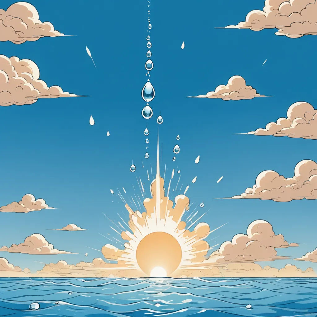 a cartoon of a sun and clouds in the sky above the ocean with water droplets falling from the sky, precisionism, poster art, Chris LaBrooy, comic cover art