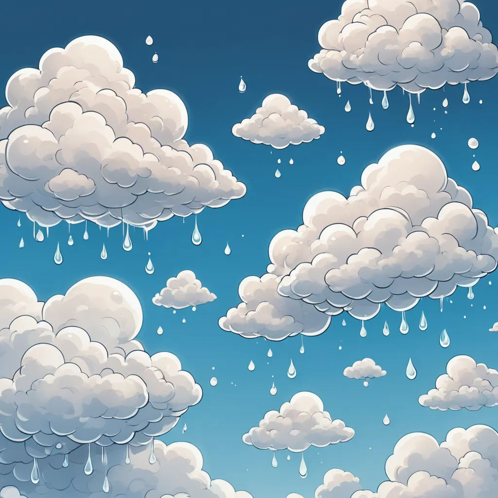 a bunch of clouds that are in the sky with rain drops on them and a blue sky with white clouds, incoherents, a picture, Chris LaBrooy, rain