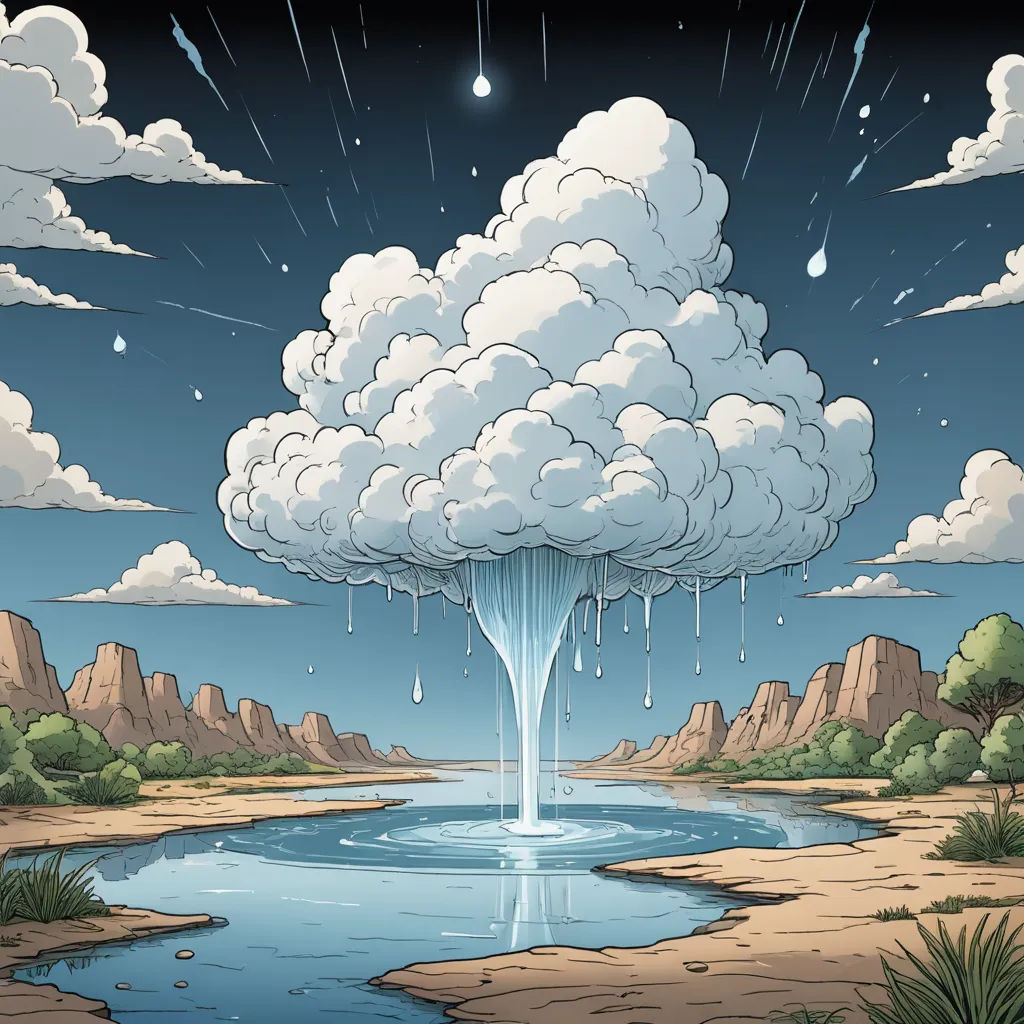 a cartoon of a cloud with a waterfall coming out of it and a star above it in the sky, environmental art, a storybook illustration, Chris LaBrooy, comic cover art