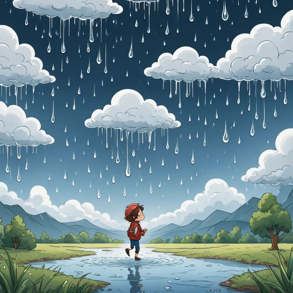 a boy is walking in the rain with an umbrella over his head and a puddle of water below him, lyco art, a storybook illustration, Diego Gisbert Llorens, storybook illustration