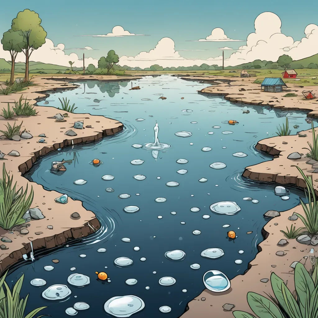 a cartoon of a river with a lot of bubbles in it and a person standing on the bank in the distance, environmental art, an illustration of, Chris LaBrooy, detailed illustration
