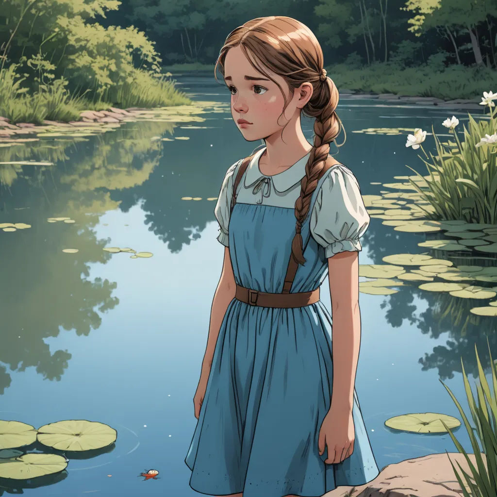 a girl in a blue dress standing in front of a pond with lily pads and a pond house in the background, context art, a storybook illustration, Alice Prin, rossdraws global illumination