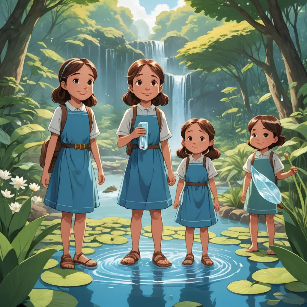 a group of three girls standing in front of a waterfall in a forest with lily pads on the ground, lyco art, poster art, disney, official art