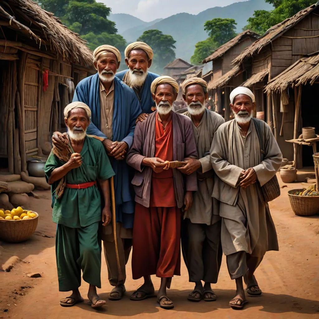 a group of people standing in front of a village with a mountain in the background and a sky in the background, a photo, Arie Smit, sumatraism, award-winning photograph