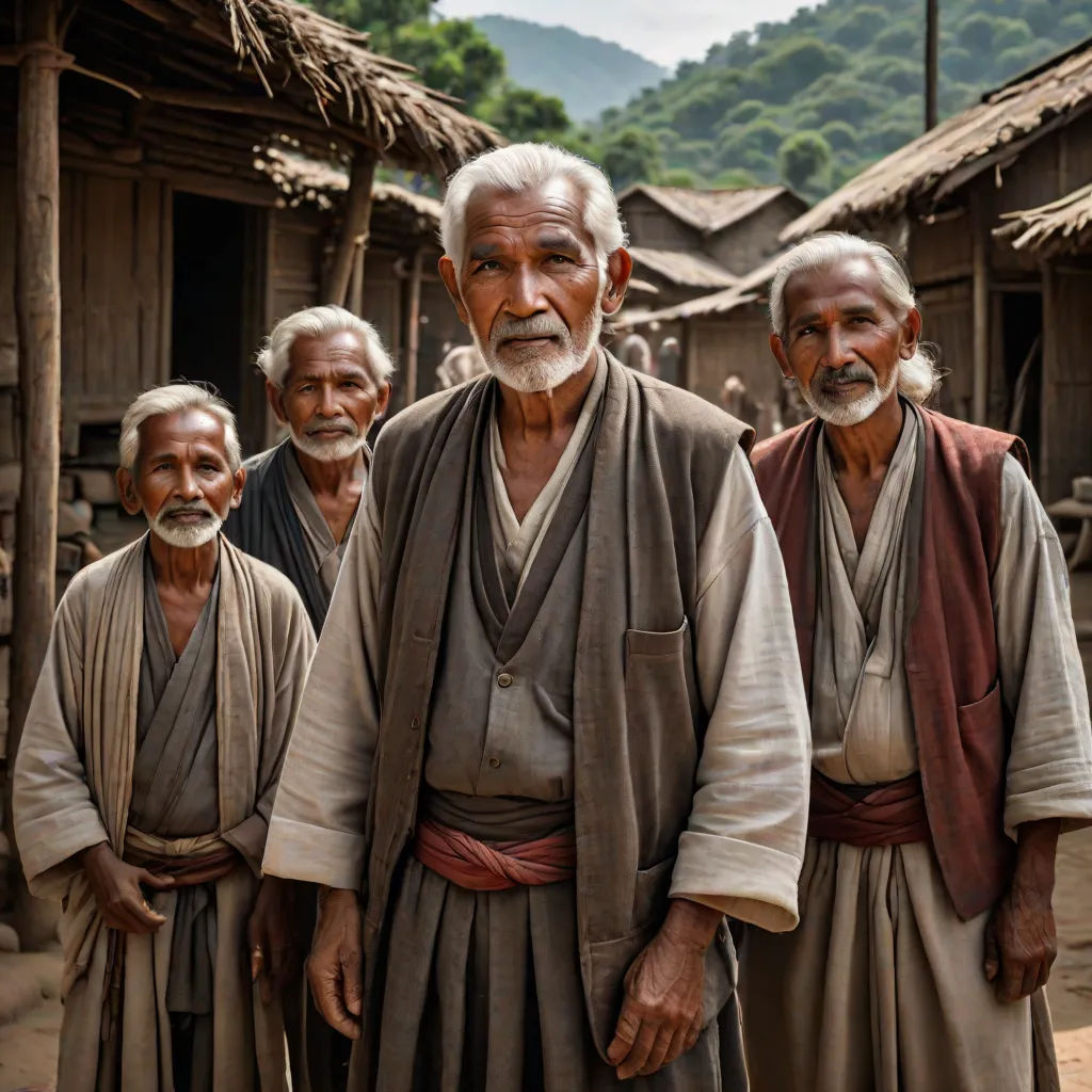 a group of men standing next to each other in front of a hut with a mountain in the background, a character portrait, Byeon Sang-byeok, samikshavad, cinematic photography
