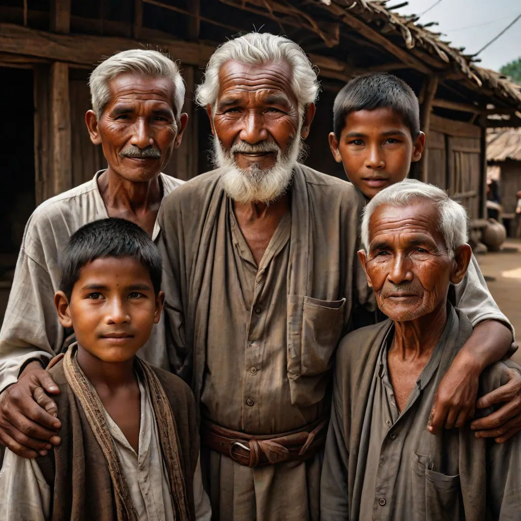 a group of people standing next to each other in front of a building with a roof and a door, a jigsaw puzzle, Bikash Bhattacharjee, sumatraism, portrait photography