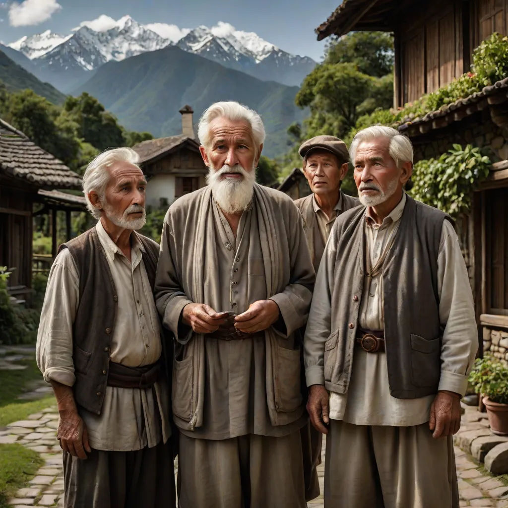 a group of men standing next to each other in front of a house with mountains in the background and a stone walkway, a photo, Fang Congyi, arts and crafts movement, cinematic photography
