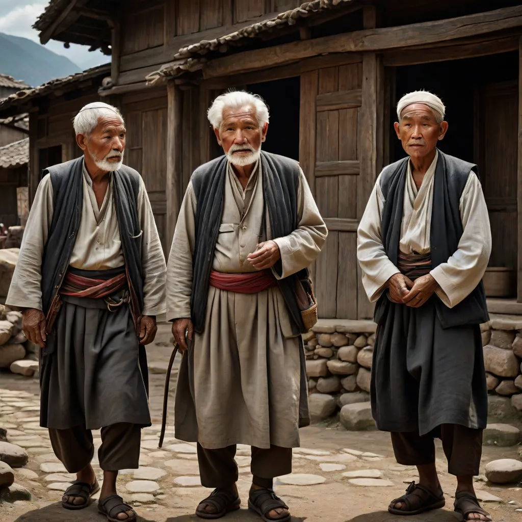 three men in traditional chinese clothing standing in front of a building with a stone walkway and stone steps in front of them, a photorealistic painting, Byeon Sang-byeok, photorealism, award - winning photography