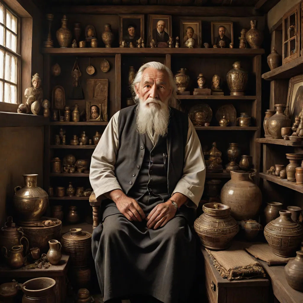 a man sitting in a room with many pots and vases on shelves and shelves with a window behind him, a character portrait, Auseklis Ozols, arts and crafts movement, award - winning photography