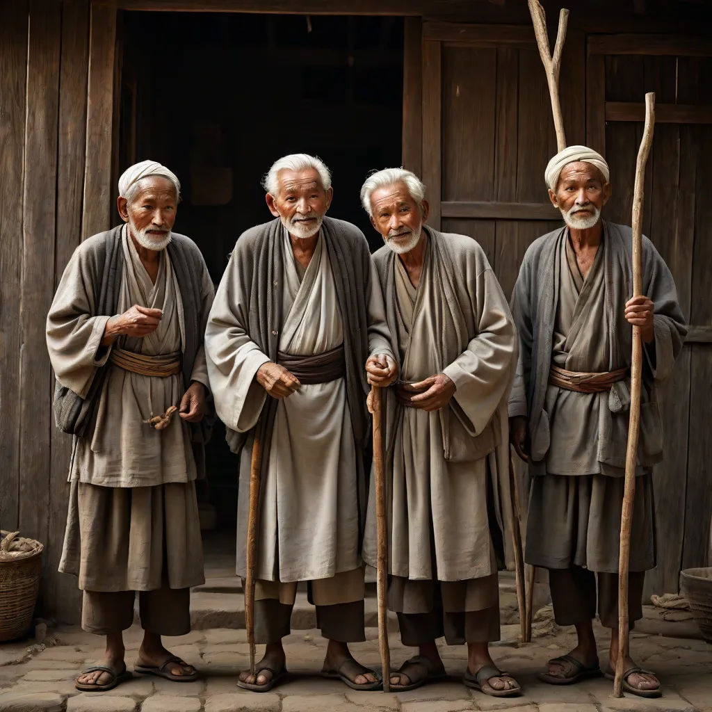 a group of old men standing next to each other in front of a building with a wooden door and a wooden door, a detailed matte painting, Byeon Sang-byeok, art photography, cinematic photography