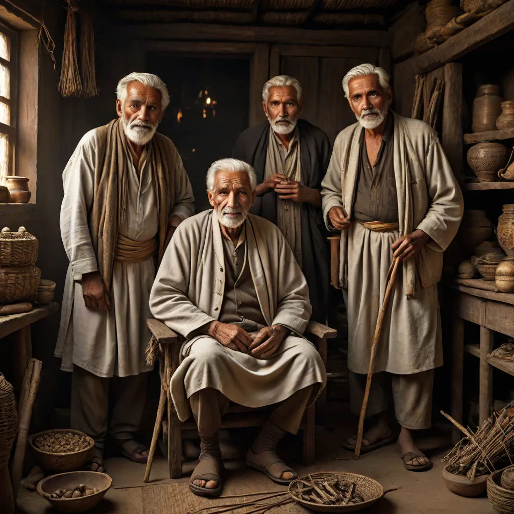 a group of men standing next to each other in a room filled with pottery and other items on display, egyptian art, Amir Zand, qajar art, award - winning photography