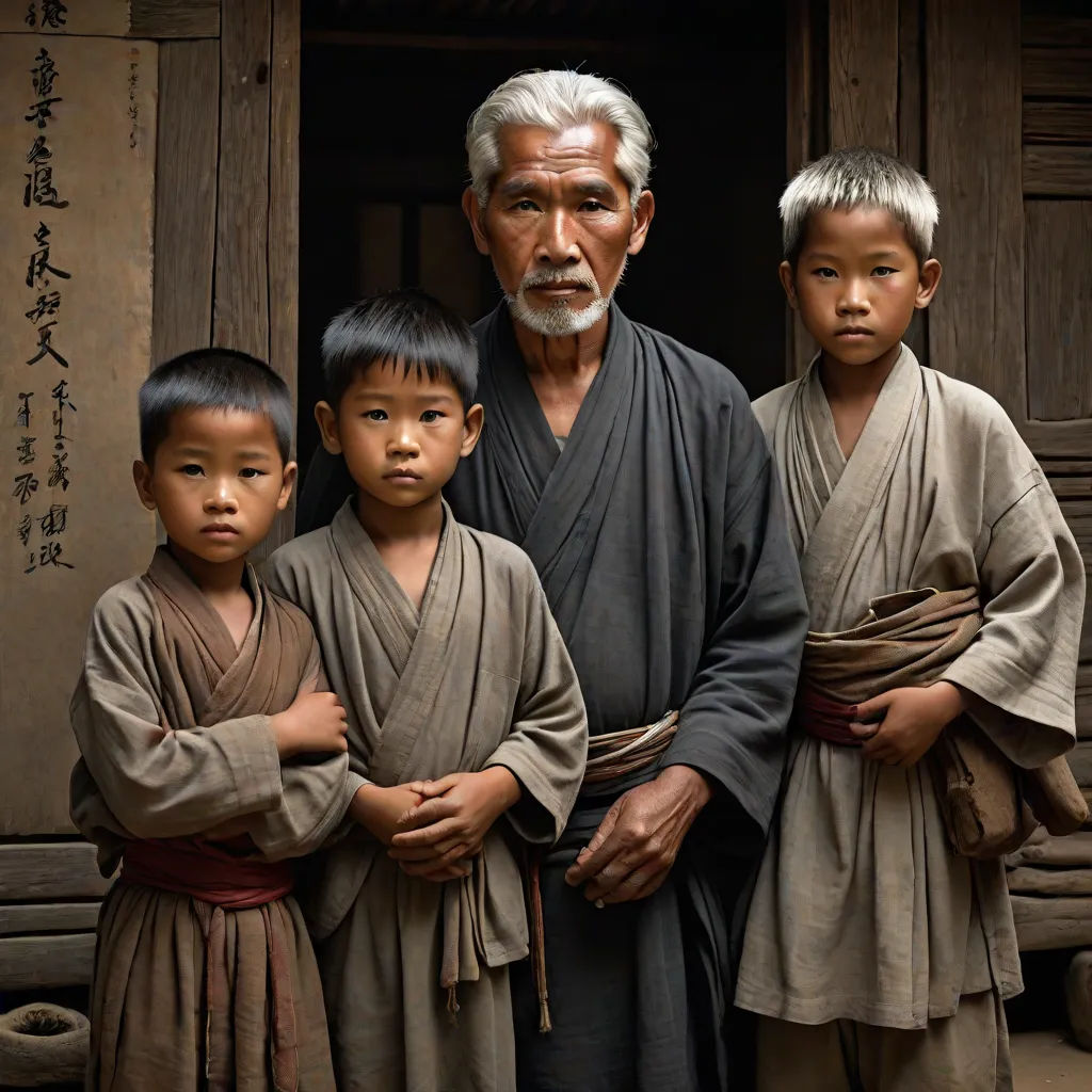 a man standing next to two boys and a man with a white beard and a white beard and wearing a robe, a photorealistic painting, Andrew Law, photorealism, award - winning photography