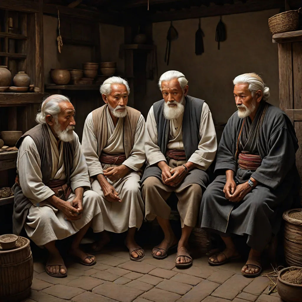 a group of men sitting next to each other on a brick floor in a room with pots and baskets, a photorealistic painting, Brothers Hildebrandt, photorealism, highly detailed oil painting