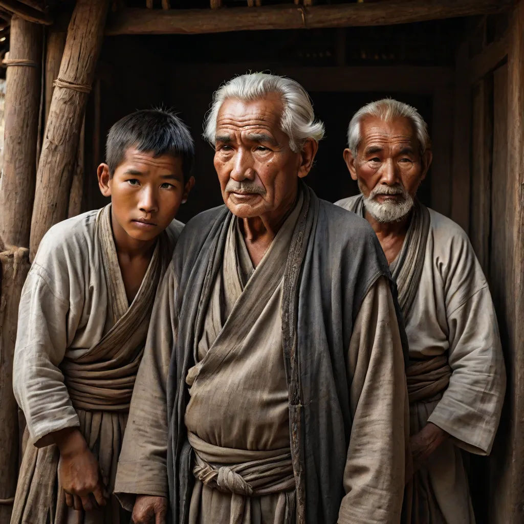 three men standing next to each other in front of a hut with wood walls and a door with a wooden frame, a character portrait, Byeon Sang-byeok, art & language, award - winning photography
