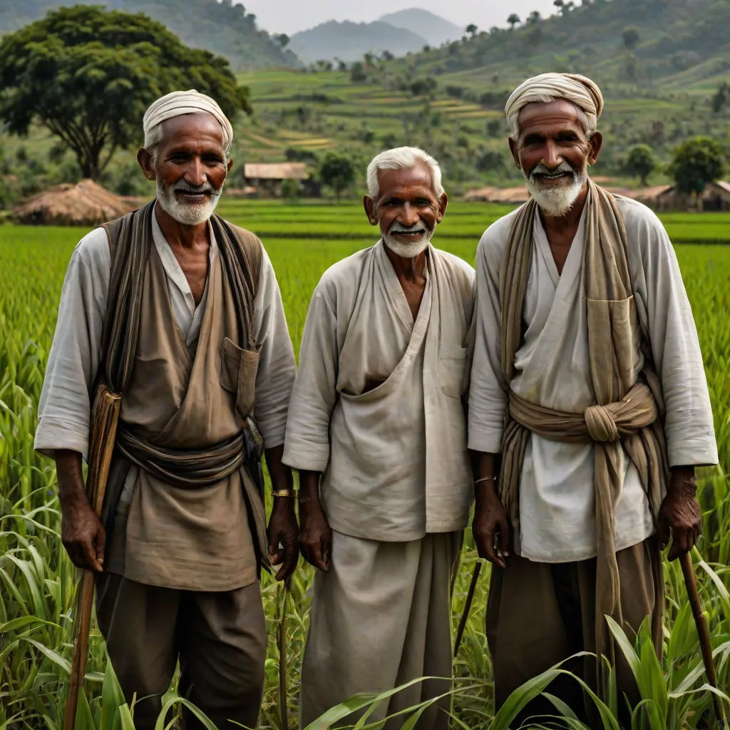 three men standing in a field of green grass with trees in the background and hills in the distance,, a jigsaw puzzle, Bholekar Srihari, samikshavad, award-winning photograph