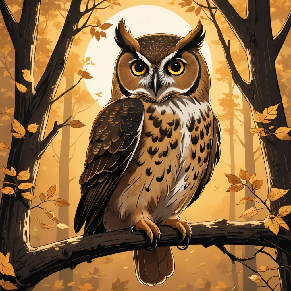 a painting of an owl sitting on a branch in a forest with a full moon in the background and trees with leaves, fantasy art, a storybook illustration, Dan Mumford, highly detailed digital painting