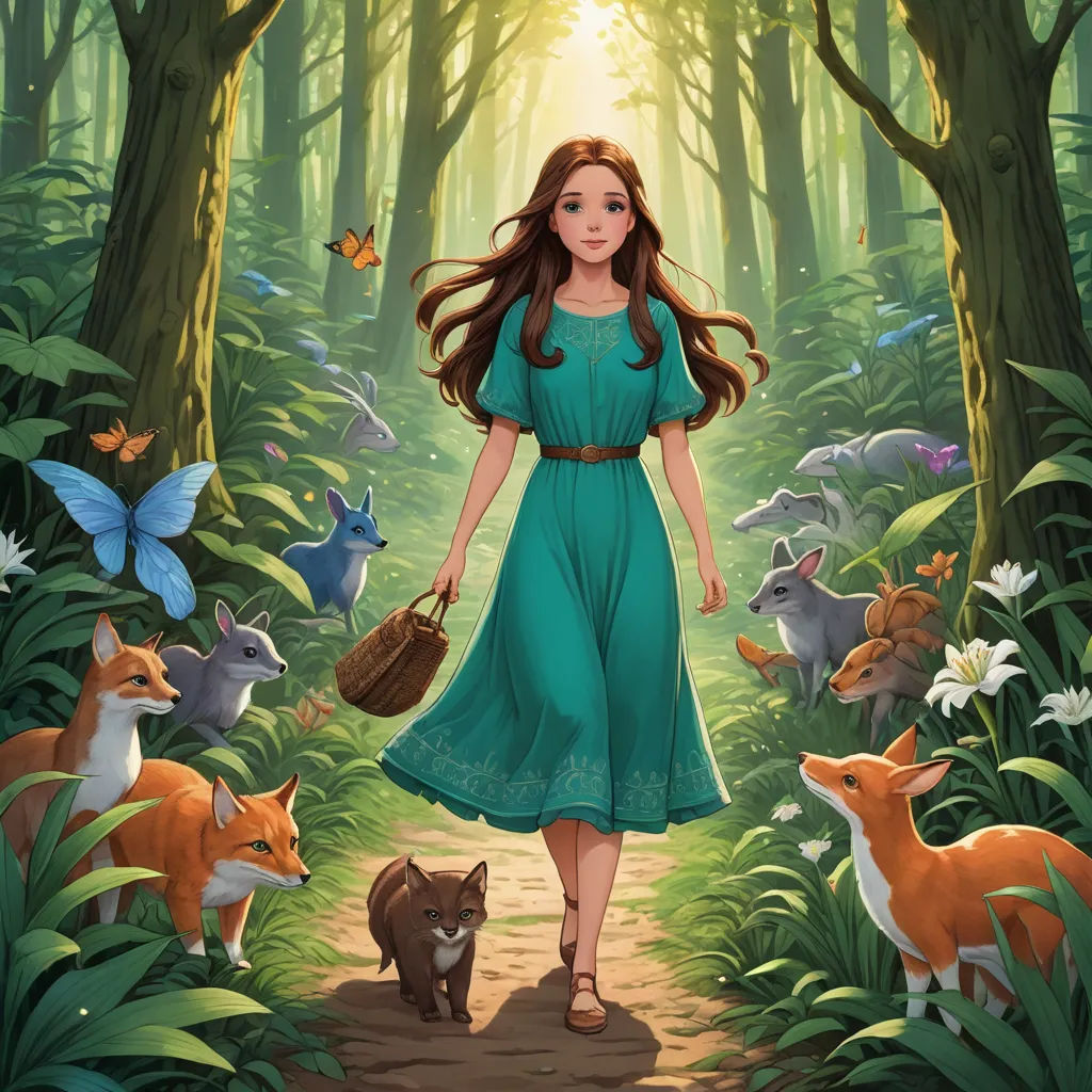 a woman in a green dress walking through a forest with a dog and a basket in her hand and a cat nearby, magical realism, a storybook illustration, Elinor Proby Adams, official art