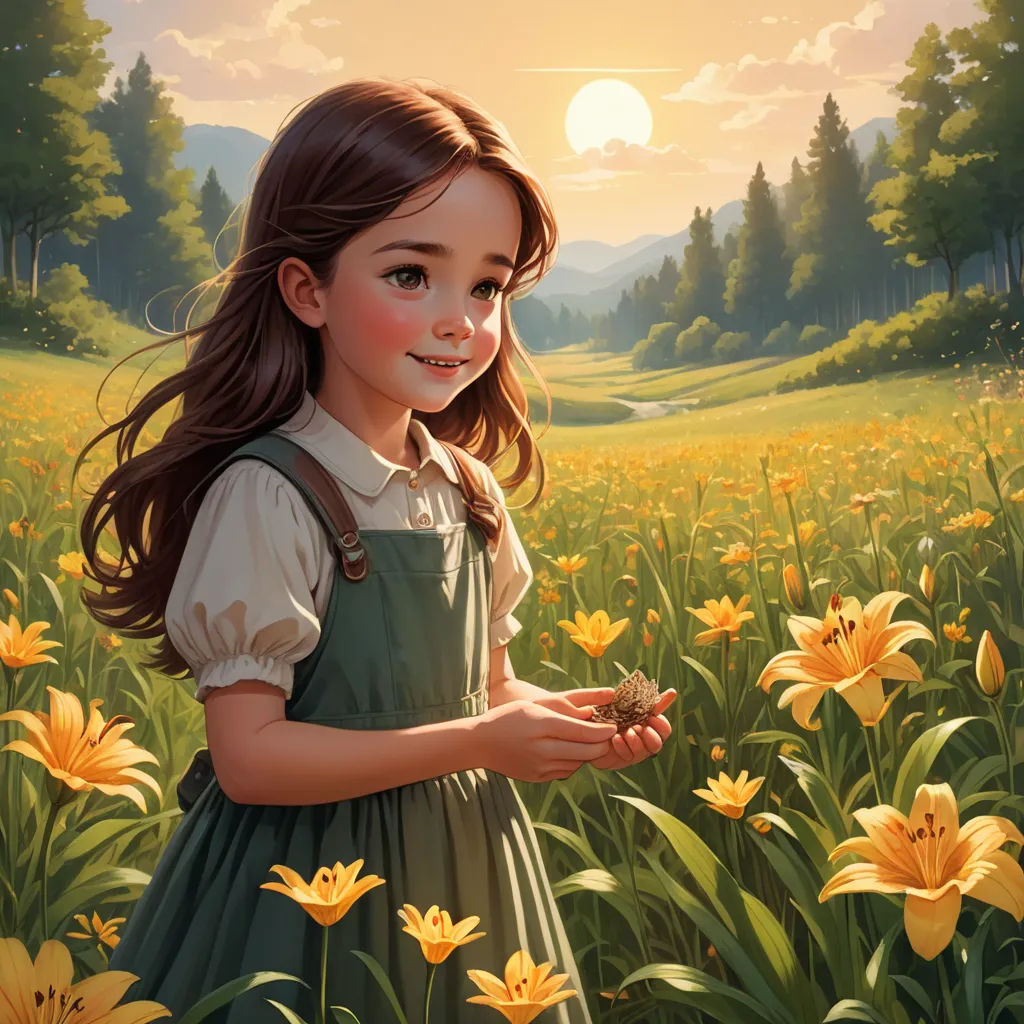a painting of a girl in a field of flowers holding a butterfly in her hands and smiling at the camera, fantasy art, a storybook illustration, Brad Kunkle, rossdraws global illumination
