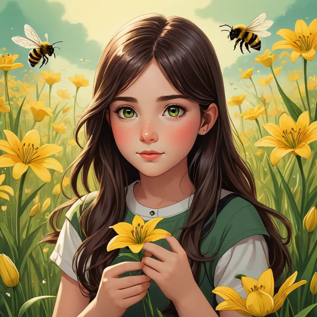 a girl holding a flower in a field of flowers with bees flying around her head and a bee on her shoulder, fantasy art, a character portrait, Artgerm, trending on art station