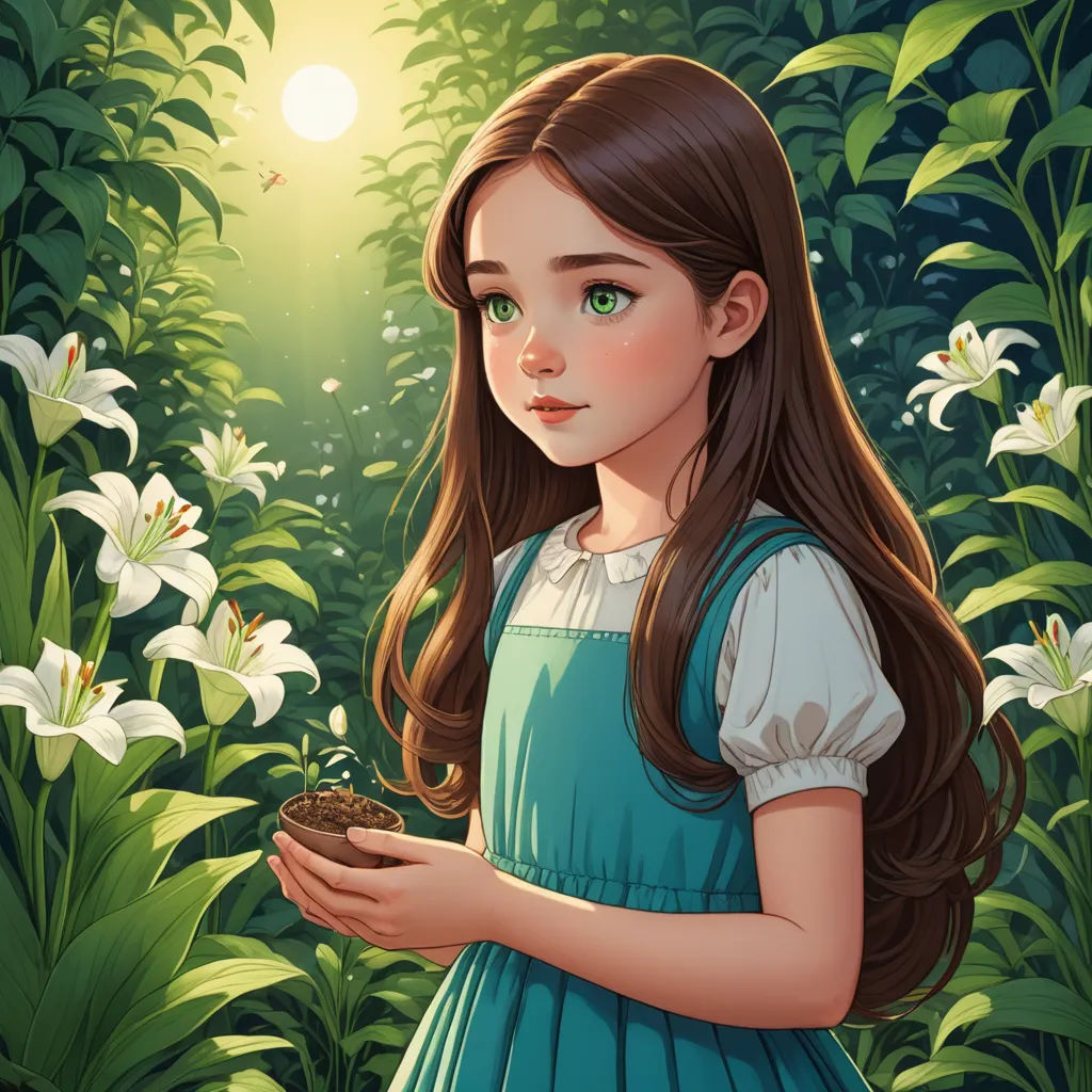 a girl in a blue dress holding a bird in her hands in a forest with lilies and sun, fantasy art, a storybook illustration, Alice Prin, rossdraws global illumination