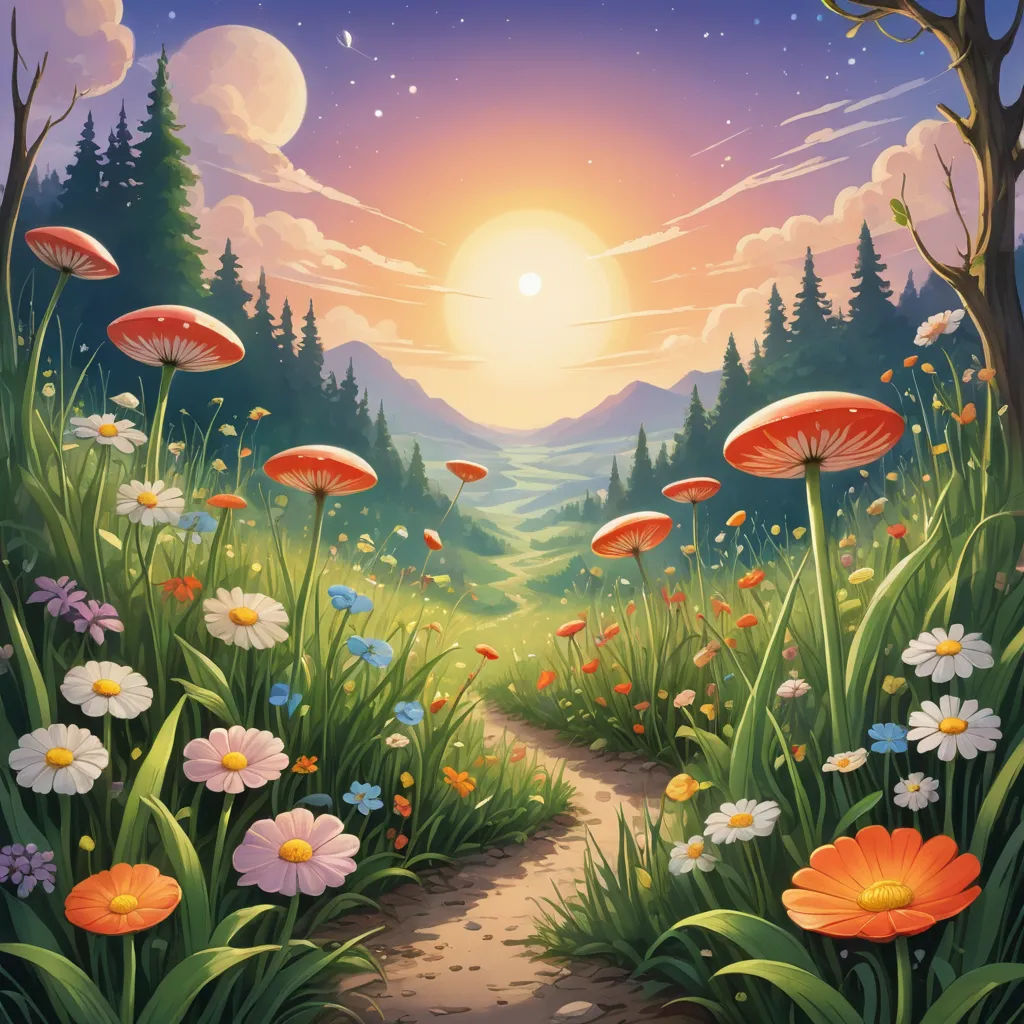 a painting of a forest with flowers and a path leading to the sun with a mountain in the background, fantasy art, a storybook illustration, Chris LaBrooy, fantasy artwork